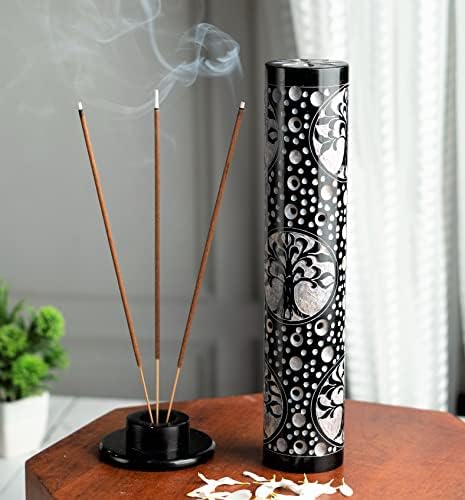 Crocon Handmade Black Marble Soapstone Incense Stick Burner Round Shape Tree of Life Symbol Design Tower Burner | Candle Stick Holder | Decorative Home & Kitchen Best Gift Size - LxWxH (7X7X26) Cm