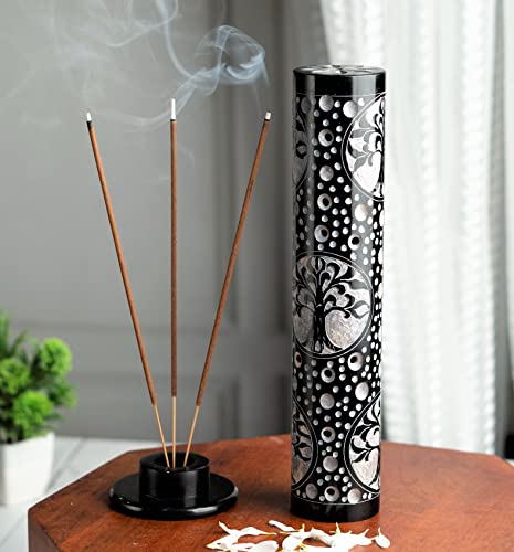 Crocon Handmade Black Marble Soapstone Incense Stick Burner Round Shape Tree Of Life Symbol Design Tower Burner | Candle Stick Holder | Decorative Home & Kitchen Best Gift Size - Lxwxh (7X7X26) Cm #TOP1