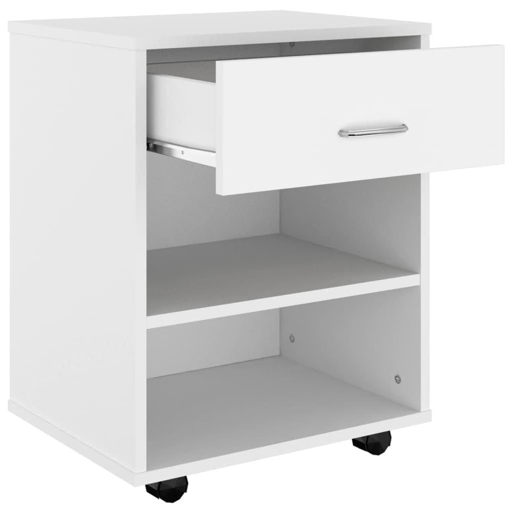 Kontener na kółkach, biały, 46 x 36 x 59 cm, mobilna szafka biurowa z materiału drewnopochodnego z 4 kółkami, na biurko, szafka pod drukarkę jako szafka na dokumenty do biura lub gabinetu