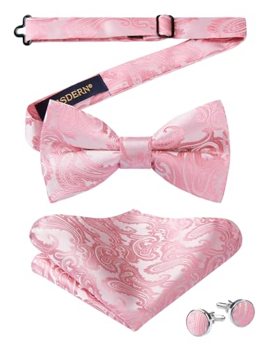 Image of HISDERN Bow Ties for Men Pre-Tied Bow Tie Floral Paisley Handkerchief Classic Formal Bowtie and Pocket Square Cufflinks Set