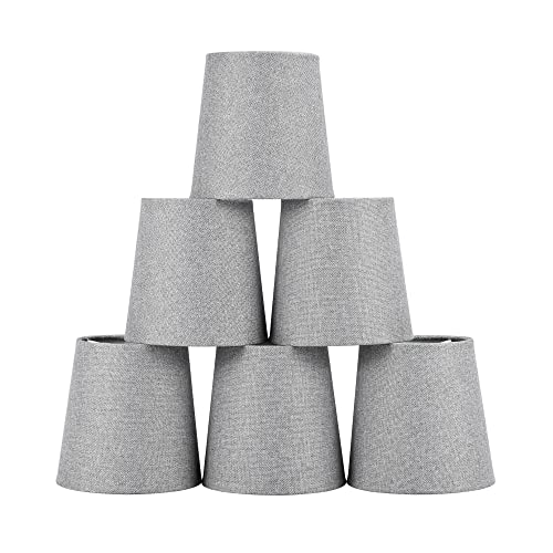 Lampwell Valo Clip-On Chandelier Fabric Lamp Shades,Set Of 6,Small Barrel,5.2"×4"×H5.2",Linen, Handmade,Traditional Decorative, Grey #TOP21