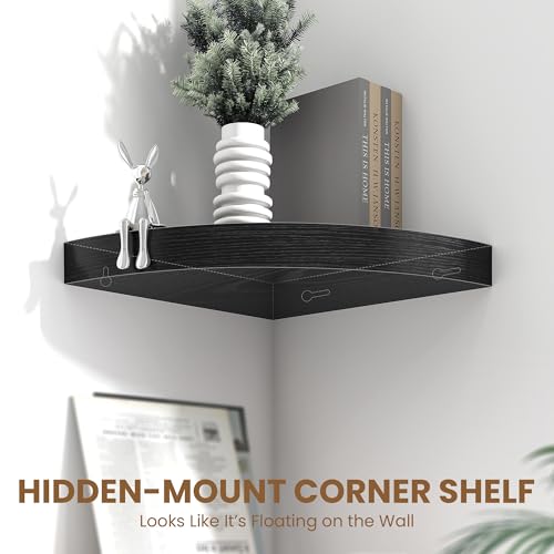 Image of Fun Memories Floating Corner Shelves Set of 2 - Rustic Wood Wall Mounted Storage and Display Shelves for Living Room, Bedroom, Kitchen, Bathroom - Space Saving Home Decor, Black