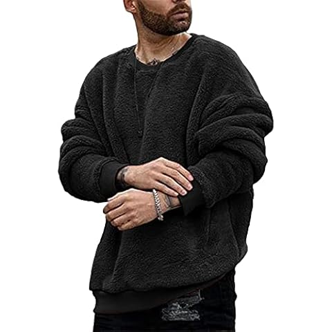 Mens Fuzzy Sherpa Sweatshirt Long Sleeve Fluffy Crew Neck Pullover Cozy Basic Unisex Fall Winter Warm Tops, Black, Large Cover