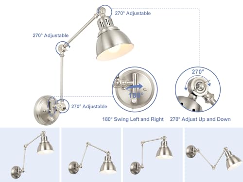 Image of 1 Pack Plug in Wall Sconce, Dimmable On Off Switch, Swing Arm Wall Lamp, Brushed Nickel Metal Industrial, Plug in Wall Light (Brushed Nickel, Without Bulb+Remote)