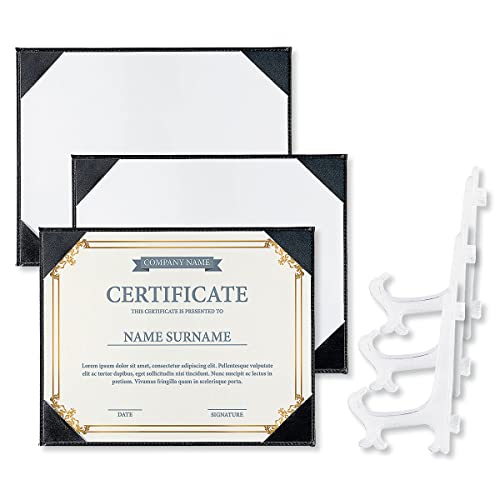 Fine Stationery Black Faux Leather Certificate Holders With Acrylic Easel Stand - 3-Pack, Holds 8.5X11'' Letter-Size Document Vertically Or Horizontally, Professional Certificate Award Frame #TOP5