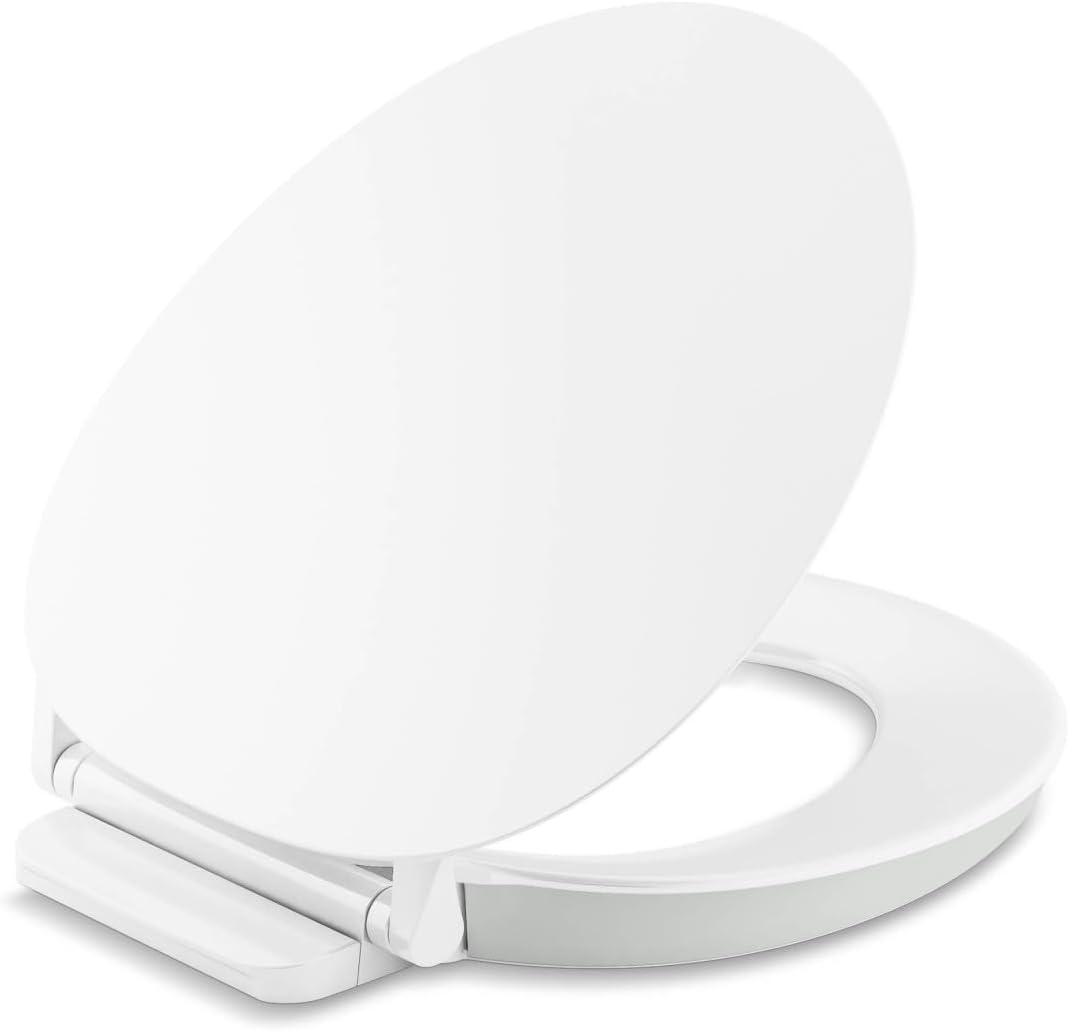 KOHLER 57778-GCF-0 Cymbal ReadyLatch Quiet-Close Soft Close Toilet Seat Round, Flexible CoreFlex Material, Wider Toilet Seat Surface, Home Essentials, White with Ice Grey Core Center