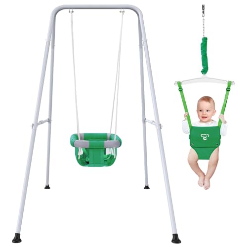 2 in 1 Baby Jumper with Swing-Indoor and Outdoor Use, Baby Jumpers and Bouncers, Toddler Swing with Foldable Stand（Green）
