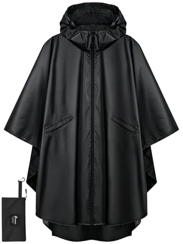 PTEROMY Hooded Rain Poncho for Adult with Pocket and Zipper, Waterproof Lightweight Raincoat for Men and Women (Black)