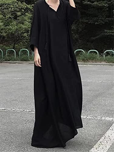 Robe d'été coréenne ample et vintage à col en V noir - 2