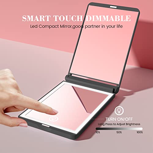 [2023 Latest] Travel Mirror With Light, 1X/3X Magnification Lighted Pocket Mirror, Touch Switch Compact Mirror With Led Light, 2-Sided, Portable, Folding, Handheld, Small Compact Mirror(Black) #TOP4