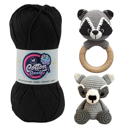 Image of NESTNHAVEN Cotton Candy 100% Cotton Yarn - (100g, 185 Meters) - Luxury Yarn for Crochet, Amigurumi, Embroidery, Toys, Garments, Flowers and Hobby, Projects. (Black) | (200 Gm)