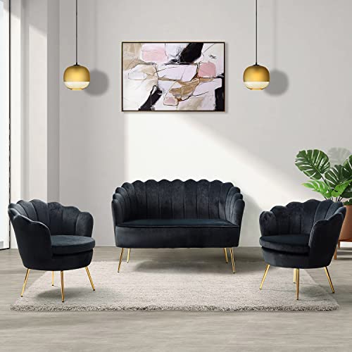 Image of HULALA HOME 3 Piece Velvet Living Room Furniture Set, Including Loveseat & 2 Sofa Chairs, Modern Comfy Upholstered 2-Seater Sofa & Accent Chair Set for Bedroom, Flower Shaped Back & Gold Legs, Black