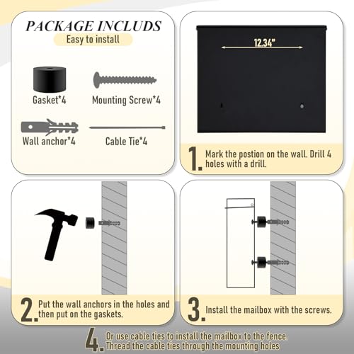 Image of xydled Large Wall Mount Mailboxes for Outside,Hanging Metal Mail Box, Black | Textured Steel Modern Post Box Drop Box for Outdoor House Home, ideal for magazines and mail storage, 14.6''x12.2''x4.1''