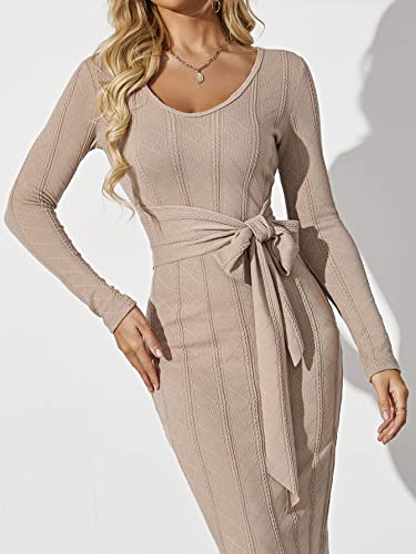 Makemechic Women's Long Sleeve Rib Knit Scoop Neck Pencil Bodycon Dress Belted Midi Dress Khaki L #TOP2