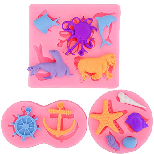 Konsait Fondant Silicone Molds, 3 Pack Anchor Rudder Sea Ocean Octopus Dolphine Seal Starfish Conch Molds for Cake Chocolate Cookie Ice Baking Decoration Supplies Polymer Clay DIY Crafts Party Favors