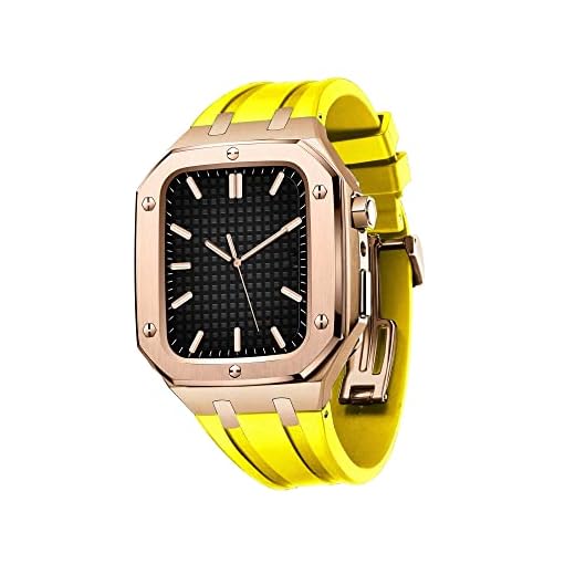 NIBYQ Para Apple Watch Band 45mm 44mm, capa protetora de metal com pulseira de silicone amortecedor à prova de choque para IWatch Series 7 SE 6 5 4 (Cor: Rosa amarelo, Tamanho: 45MM PARA 7)