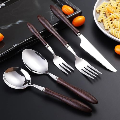 Ensemble de couverts élégants en bois et acier inoxydable pour 8 personnes - Vaisselle moderne de 40 pièces pour la cuisine et les restaurants - Comprend des couteaux, des fourchettes et des cuillères