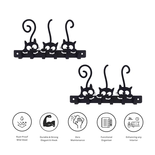 Image of Key Holder for Home, Metal Wall Mounted, 6 Hooks (Cat Duo) | Cat Design, Includes Mounting Screws, For Home Use, 6 Hook Hanger, Metal Construction