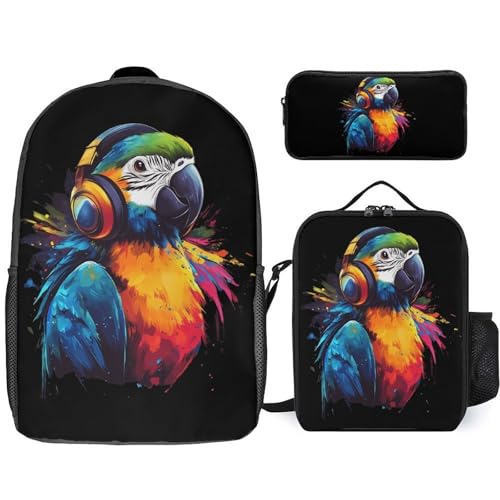 Parrot Wearing Headphones Large Travel Backpacks Carry on Backpack Weekender Bag with 2 Storage Pockets for Men And Women