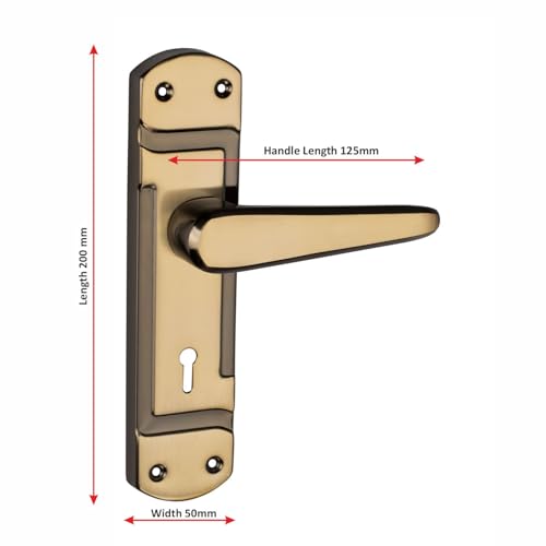 Image of Milton Iron Mortise Lock Set with Handle, Black Gold Finish, 200mm Length, 125mm Handle, Complete with Keys and Lock - MHI-TRISHUL