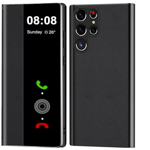 Funda para Samsung S23 Ultra Funda S View, Clear View Flip Cuero para Samsung Galaxy S23 Ultra 5G Funda, Lujo Extrafino Resistente a Golpes Resistente a los Arañazos Funda Case Clear S View (Negro)