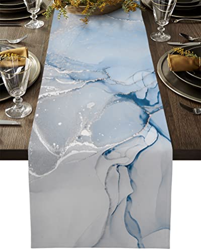 Table Runner 60Inch Long Scarf Modern Abstract Gradient Marble Texture Dresser Scarves Cotton Linen Burlap Table Runners For Kitchen Dining Seasonal Holiday Party Decor Watercolor White And Blue Art #TOP7