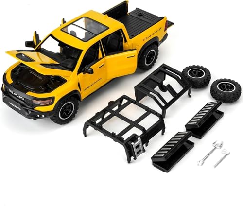 Image of 1 /32 Ram Pickup Truck Diecast Model Toy Car Metal Truck with Sound & Light Pull Back Friction Powered Toy Vehicle Openable Doors Collectible Gift for Kids & Boys (Yellow)