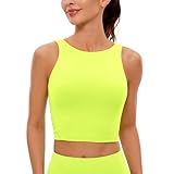 CRZ YOGA Butterluxe Womens High Neck Longline Sports Bra - U Back Padded Crop Workout Tank Top with Built in Pads Neon Yellow Small