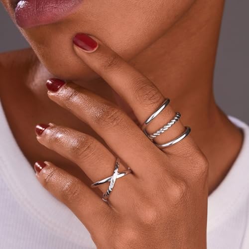 14k Gold Waterproof Rings for Women Non Tarnish Plated Gold Silver Knuckle Rings Set and Beach Wide Band Cheap Wedding Wavy Stacking Rings Size Stacking Vintage Statement Women's Rings3