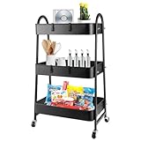 CYEER Rollwagen Metall, Rollwagen Küche mit 3 Ebenen, 42x30.5x85CM Servierwagen Schwarz, Küchenwagen mit Rollen, Aufbewahrungswagen für Malutensilien, Schlafzimmer, Waschküche