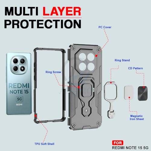 Image of AESTMO Armor Back Cover for Redmi Note 15 5G / Redmi Note 15 SE 5G / Poco M8 5G | Ring Holder & Kickstand & Camera Protection in-Built | 360 Degree Protection Back Case Cover (Black)