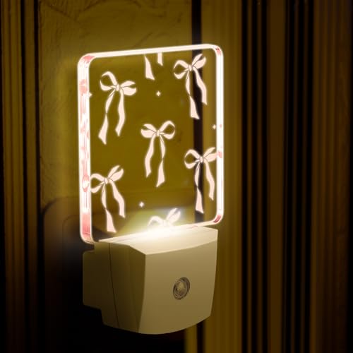 Image of 2 Pcs Pink Bow Night Lights Sensor Night Light Plug in Dusk to Dawn LED Lamps Gift for Indoor Bedroom, Bathroom, Toilet, Stairs, Kitchen, Hallway