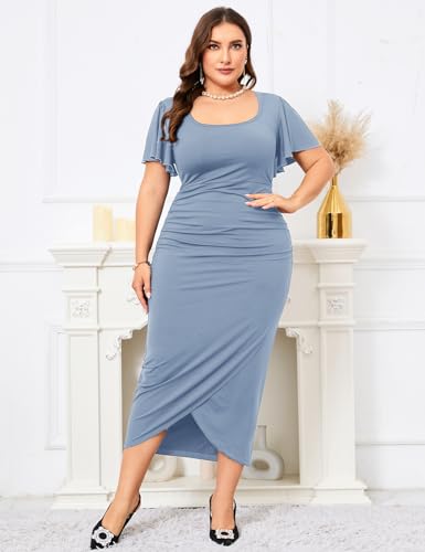 Image of ZOMVA 2024 Plus Size Cocktail Dress Comfortable Bell Sleeves Wedding Guest Square Neck Semi Formal