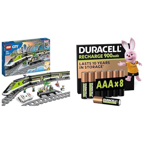 LEGO City Treno Passeggeri RC, fari/24 binari, 7+ anni, 60337, & Duracell AAA Ricaricabili 8 pz, 900mAh