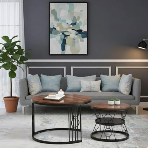 Image of Modern Nested Coffee Table Set of 2 | Round Marble Finish Tabletop with Metal Base | Luxury Center Table for Living Room, Lounge & Office (Ring Black Brown)