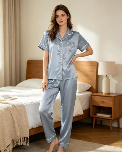 Image of 3 Piece Silk Satin Pajama Set for Women Soft Short Sleeve Button Down Pjs with Shorts Long Pants Sleepwear S-XXXL
