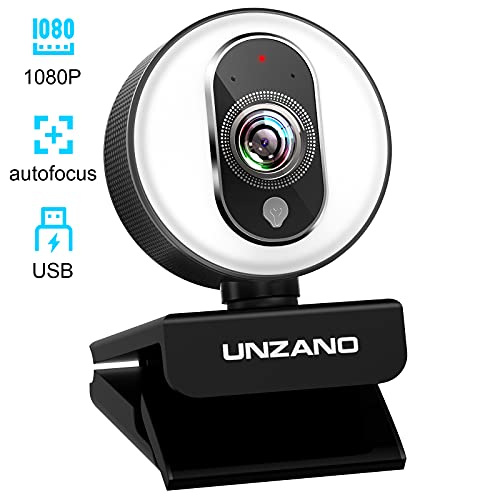 Unzano Streaming Webcam with Ring Light-1080p 30FPS Web Camera -Dual Microphone-Full HD Autofocus Camera-for PC Laptop Desktop Mac Video Calling Recording Skype Xbox One YouTube OBS