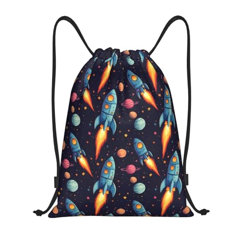 Drawstring Backpack - Cartoon Space Rocket Print Sports Gym Sackpack String Bag For Women Men, Lightweight Draw String Back Bag For Workout Travel