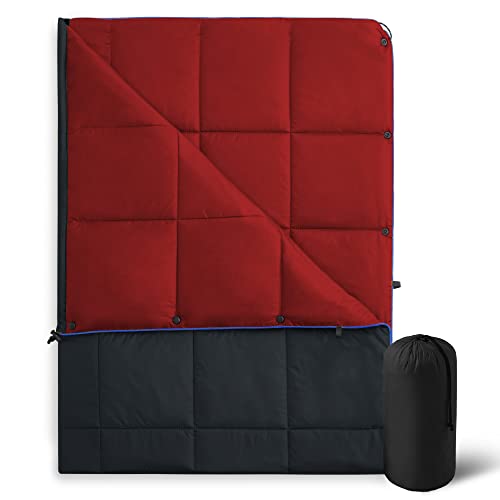UNIKOME Waterproof Puffy Camping Blanket - Lightweight Packable Outdoor Quilt with Snaps & Corner Loops, Warm Compact Blanket for Cold Weather Hiking Picnic Stadium Travel, 75"×52", Black&Red