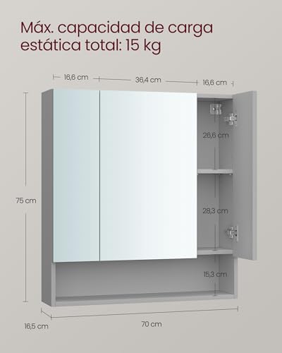 VASAGLE Kailyn Colección - Armario de Baño con Puertas, Armario de Pared con Espejo, Compartimento Abierto, Estantes Ajustables, 16,5 x 70 x 75 cm, Gris Paloma BBK129G01 - imagen 3