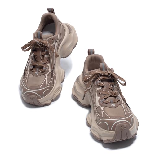 Chunky Sneakers for Women, Womens Fashion Sneakers, Leather Comfortable Dad Shoe Lace-Up Platform Walking Running Shoes4