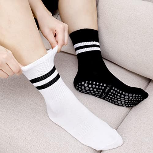 Firtink 4 Pairs Non Slip Yoga Socks With Grips for Women Pilates Grips Socks Yoga Socks With Grips Women Long Pilates Socks Yoga Non Slip Socks with Stripe for Women Girls