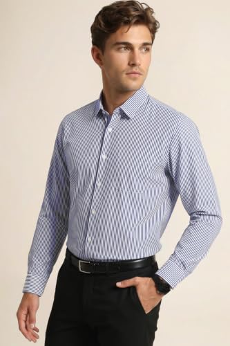 Image of Peter England Men's Regular Fit Full Sleeve Striped Formal Shirt | Cotton Rich | Wonder Fabric | Premium Dobby Weave