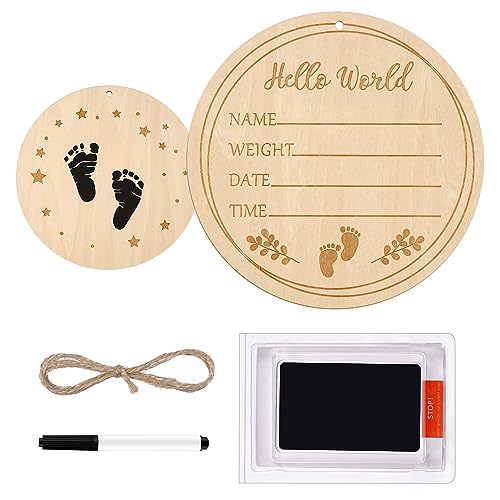 Hello World Wooden Birth Announcement Sign - Round Keepsake Plaque With Ink Pad For Hand & Footprints