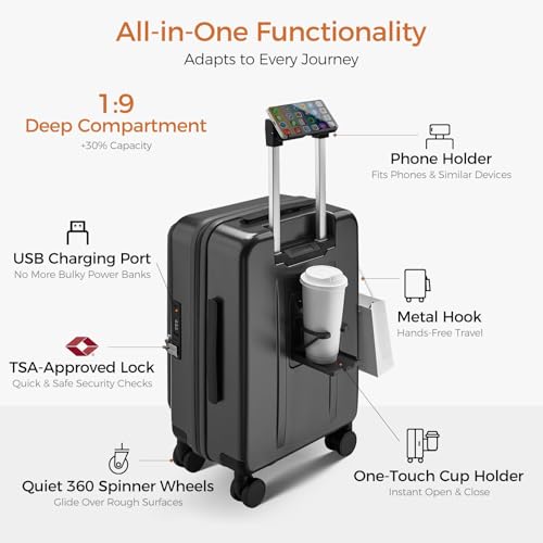 Image of Carry On Luggage Top Opening with Cup Holder & Phone Holder, Expandable PC Hard Shell Suitcase with USB Charging Port, Side Hook, 360 Spinner Wheels, TSA Lock & YKK Zippers