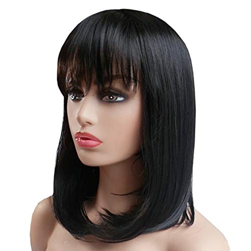 Auflaund Medium Length Black Bob Wig Natural Bob Straight Good Cutting Kanekalon Synthetic Hair Wigs With Bangs For Women Cosplay Daily Use #TOP2