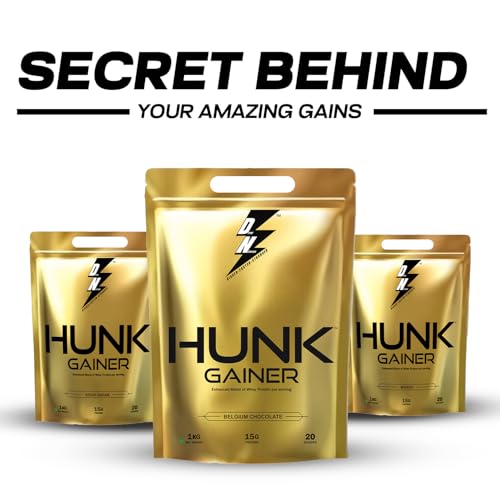 Image of Divine Nutrition HUNK GAINER | High-Calorie Mass Gainer with Protein, Carbs, and Vitamins for Muscle Growth | 1 KG (1 kg, Belgium Chocolate)