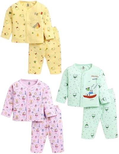TINY BINY Cotton Night Suit for Baby Boys &amp; Girls | Unisex Full Sleeve Top &amp; Pant Set (Pack of 3)