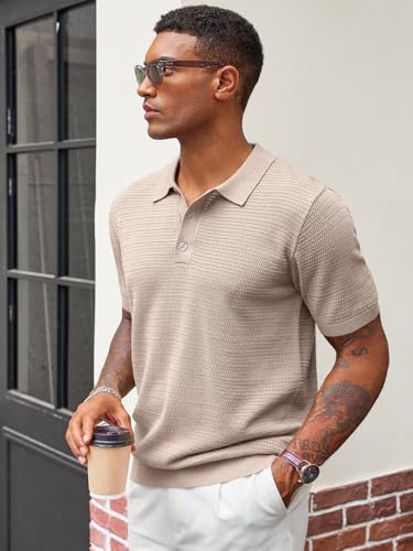Runcati Mens Knit Polo Shirts Short Sleeve Casual Hollow Out Shirt Texture Classic Golf Polo3