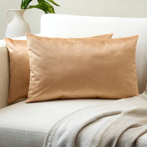Image of Encasa XO Velvet Throw Pillow Covers 12x20 in (30x50 cm) - Gold - No Inserts, Pack of 2 Cases | Solid Plain Dyed Soft & Smooth, Square Decorative Cushion Covers for Living & Bedroom